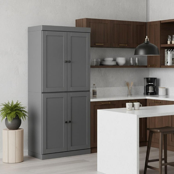 72 Inch Solid Wood Gray Pantry Cabinet with Four Doors for Kitchen or Hallway