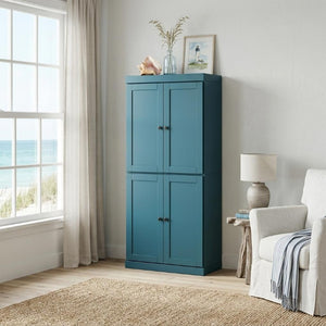 72 Inch Teal Solid Wood Four Door Pantry Cabinet for Kitchen or Entryway