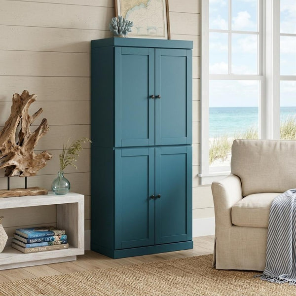 HomeRoots 72 Inch Teal Solid Wood Four Door Pantry Cabinet for Kitchen or Entryway 722606