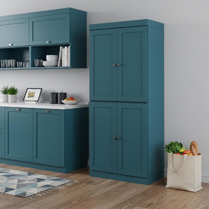 72 Inch Teal Solid Wood Four Door Pantry Cabinet for Kitchen or Entryway