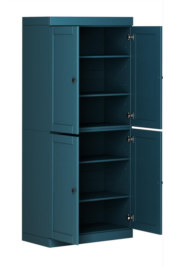 72 Inch Teal Solid Wood Four Door Pantry Cabinet for Kitchen or Entryway