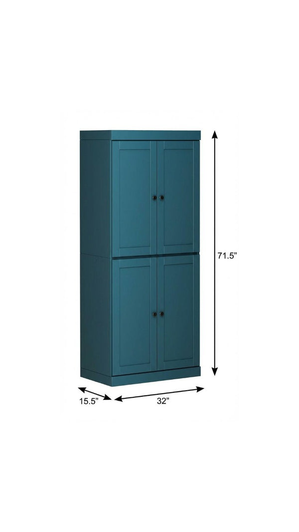 72 Inch Teal Solid Wood Four Door Pantry Cabinet for Kitchen or Entryway