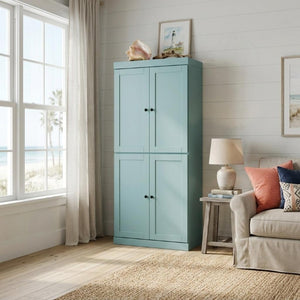 72 Inch Solid Wood Freestanding Four Door Pantry Cabinet for Kitchen or Hallway