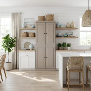 72 Inch Solid Wood Pantry Cabinet with Four Doors Two Drawers Beige Kitchen Storage