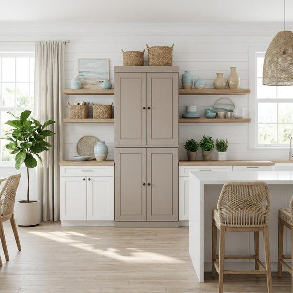 72 Inch Solid Wood Pantry Cabinet with Four Doors Two Drawers Beige Kitchen Storage