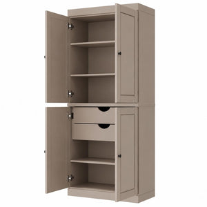 72 Inch Solid Wood Pantry Cabinet with Four Doors Two Drawers Beige Kitchen Storage