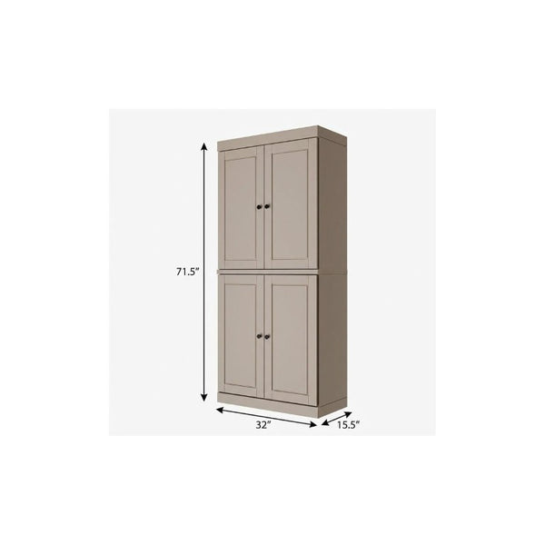 72 Inch Solid Wood Pantry Cabinet with Four Doors Two Drawers Beige Kitchen Storage