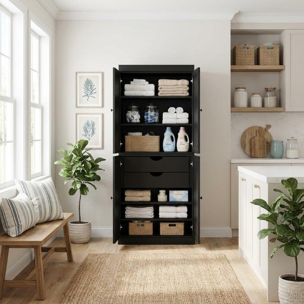 72 Inch Solid Wood Black Pantry Cabinet with Four Doors and Two Drawers for Kitchen
