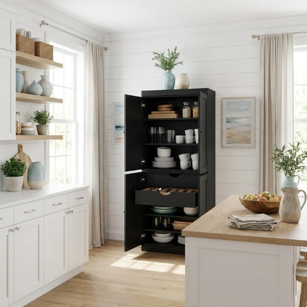 HomeRoots 72 Inch Solid Wood Black Pantry Cabinet with Four Doors and Two Drawers for Kitchen 722629