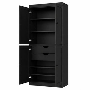 72 Inch Solid Wood Black Pantry Cabinet with Four Doors and Two Drawers for Kitchen