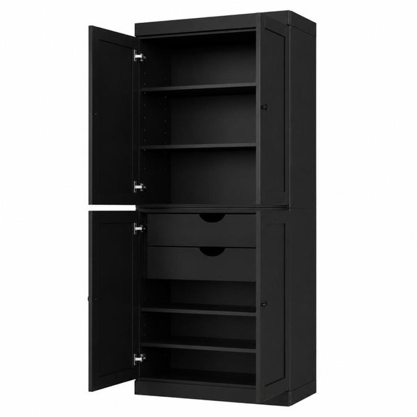 72 Inch Solid Wood Black Pantry Cabinet with Four Doors and Two Drawers for Kitchen