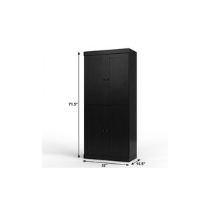 72 Inch Solid Wood Black Pantry Cabinet with Four Doors and Two Drawers for Kitchen
