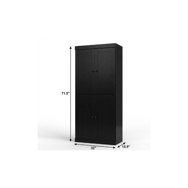72 Inch Solid Wood Black Pantry Cabinet with Four Doors and Two Drawers for Kitchen
