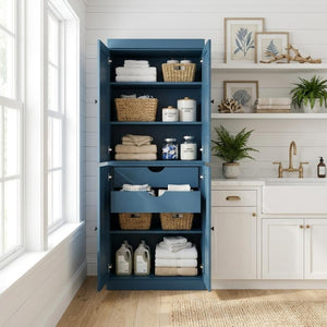 HomeRoots 72 Inch Solid Wood Pantry Cabinet with Four Doors Two Drawers Navy Finish 722636