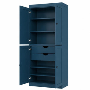 72 Inch Solid Wood Pantry Cabinet with Four Doors Two Drawers Navy Finish