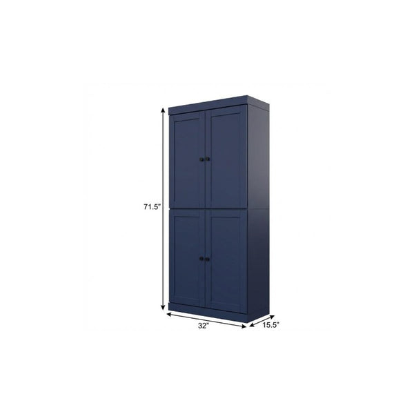 72 Inch Solid Wood Pantry Cabinet with Four Doors Two Drawers Navy Finish