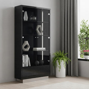 41 Inch Dark Gray Wood Display Cabinet with Led Lighting Two Doors and Storage Drawer