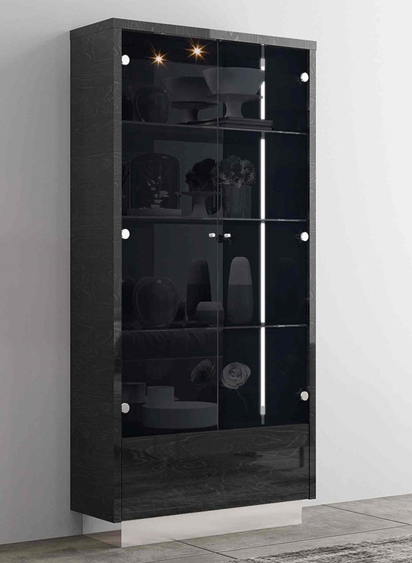41 Inch Dark Gray Wood Display Cabinet with Led Lighting Two Doors and Storage Drawer