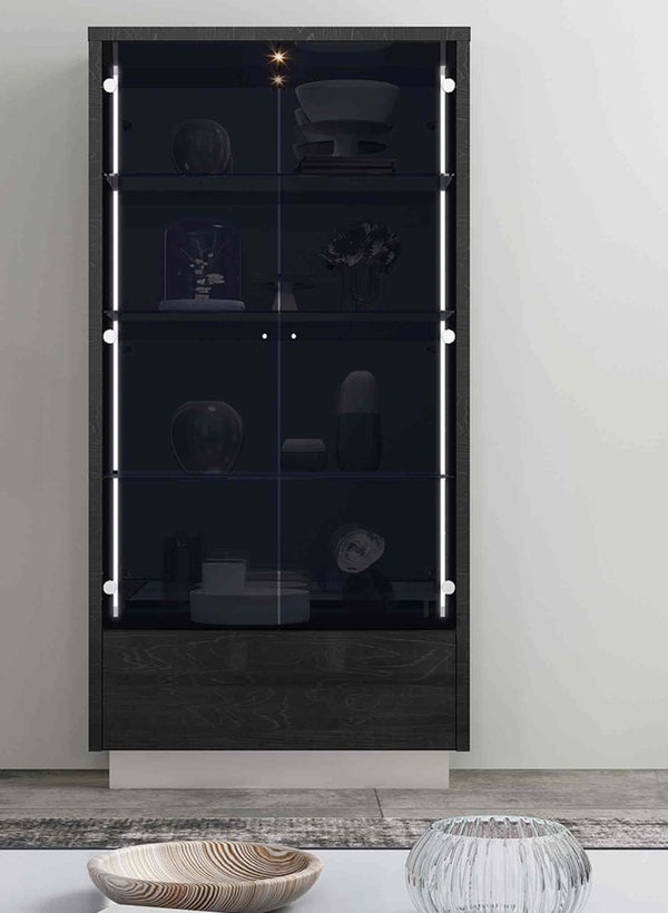 41 Inch Dark Gray Wood Display Cabinet with Led Lighting Two Doors and Storage Drawer