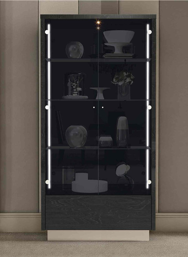 41 Inch Dark Gray Wood Display Cabinet with Led Lighting Two Doors and Storage Drawer