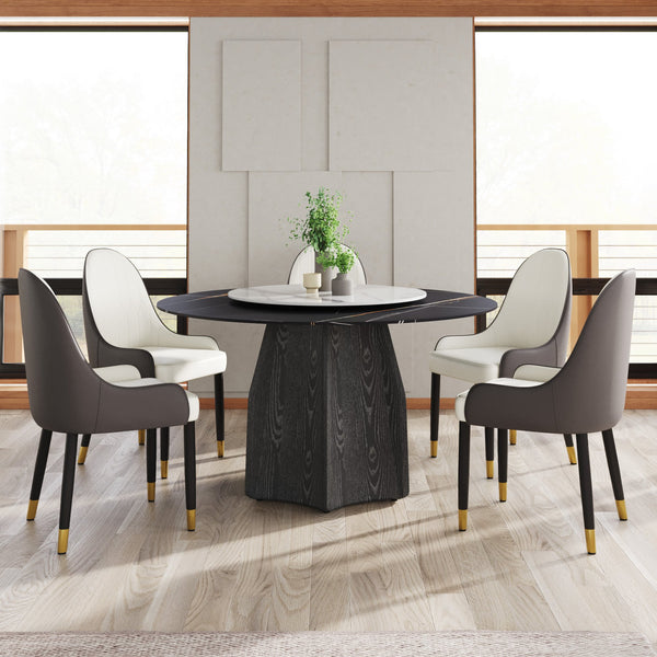 English Elm 53" Round Marble Dining Table - Stylish Solid Wood Base, 6-Person Seating & Central Turntable Accessory W1535S00378