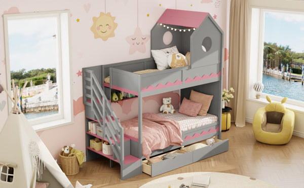 English Elm Twin Over Kids Bunk Bed with Castle Roofline Led Lights and Staircase Storage Gray N820S00068E