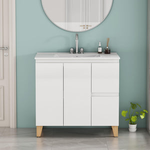 English Elm 36-inch Glossy White Bathroom Vanity with Ceramic Sink Soft Close Drawers Minimalist W3151S00074