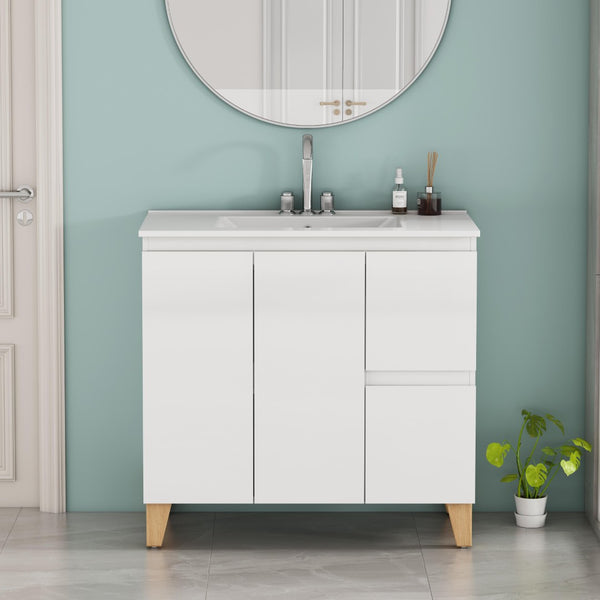 English Elm 36-inch Glossy White Bathroom Vanity with Ceramic Sink Soft Close Drawers Minimalist W3151S00074