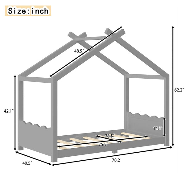 English Elm Twin House Frame Floor Bed Solid Pine Kids Room Montessori Low Profile Play Nook Gray W1580P387838