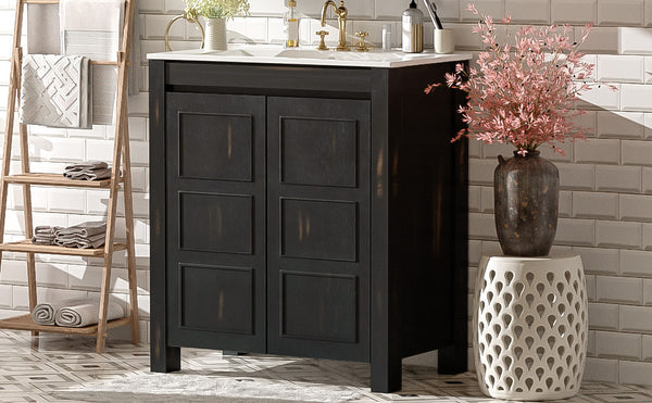 English Elm 30" Rustic Bathroom Vanity Espresso with Ceramic Sink, Soft-Close Doors, Adjustable Shelves, Open-Back Plumbing-Friendly Storage N729P290712P
