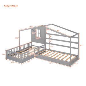 English Elm Wood House Bed L Shaped Twin Frame Solid Pine Kids Bedroom with Fence Rail Slats LP001345AAE
