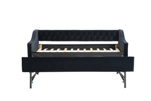 English Elm Twin Velvet Daybed with Pull Out Trundle Tufted Back Usb Port and Side Pockets Black W1361S00039