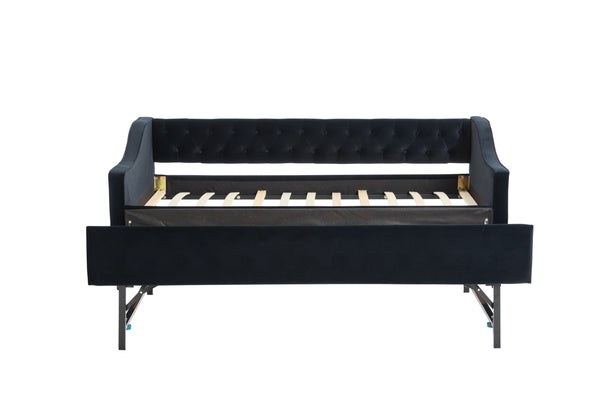 English Elm Twin Velvet Daybed with Pull Out Trundle Tufted Back Usb Port and Side Pockets Black W1361S00039