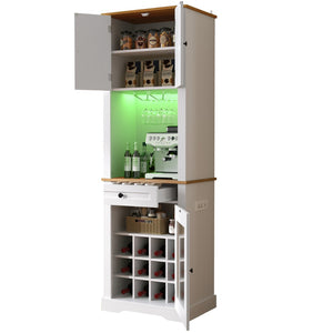 English Elm Bar Cabinet Farmhouse 69 Inch with Rgb Led Barn Door Wine Rack and Charging Station White N728P438603W