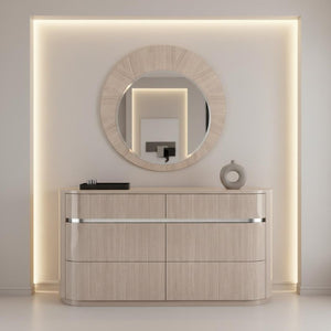39 Inch Round Wooden Dresser Mirror with Beige Frame for Bedroom Vanity Decor