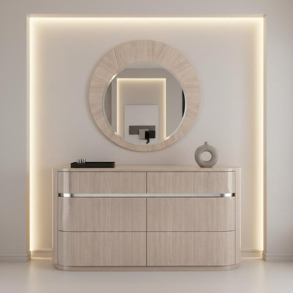 39 Inch Round Wooden Dresser Mirror with Beige Frame for Bedroom Vanity Decor