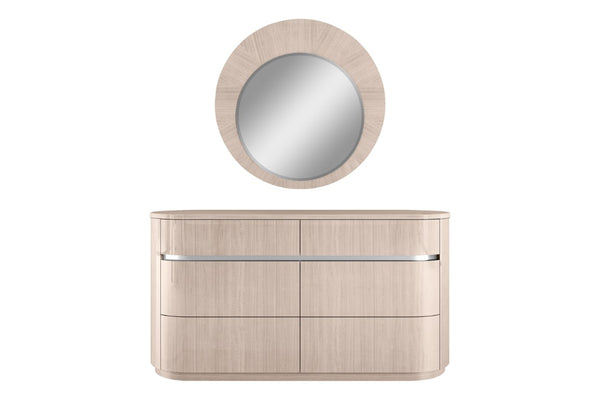 HomeRoots 39 Inch Round Wooden Dresser Mirror with Beige Frame for Bedroom Vanity Decor 722877