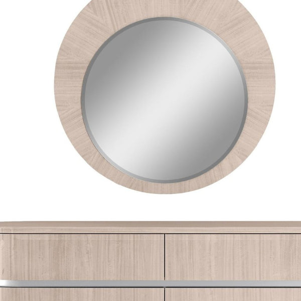 39 Inch Round Wooden Dresser Mirror with Beige Frame for Bedroom Vanity Decor