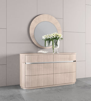 39 Inch Round Wooden Dresser Mirror with Beige Frame for Bedroom Vanity Decor