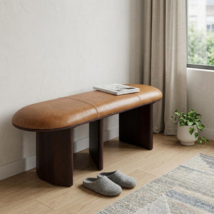 48 Inch Genuine Leather Oval Dining Bench Solid Wood Frame Two-tone Seating