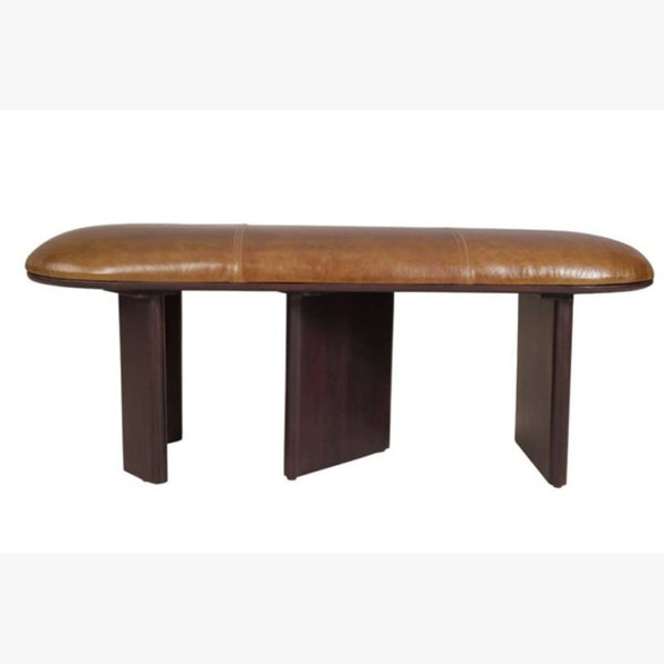 HomeRoots 48 Inch Genuine Leather Oval Dining Bench Solid Wood Frame Two-tone Seating 722885