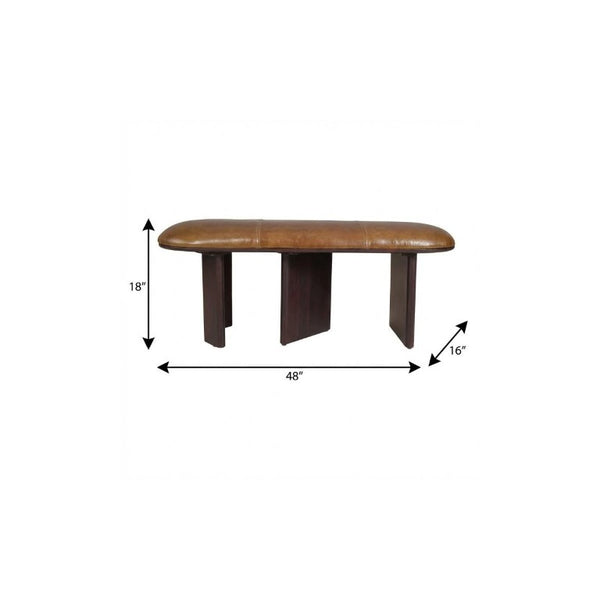 48 Inch Genuine Leather Oval Dining Bench Solid Wood Frame Two-tone Seating