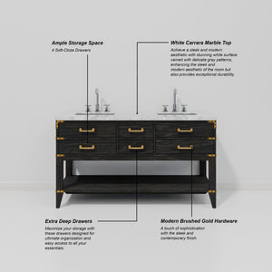 English Elm Black Oak Double Bath Vanity With Carrara Marble Top, Dual Mirrors & Ample Storage For Elegance B2731S02161