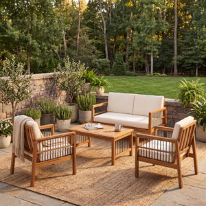 English Elm 4-Pieces Acacia Wood Outdoor Set with Loveseat Armchairs and Low Coffee Table 72298.00BGE-2_73021.00BGE