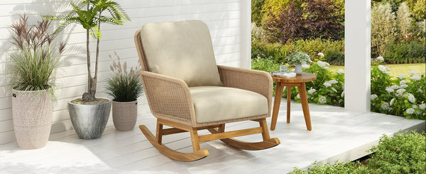 English Elm Contemporary Wicker Rocking Chair Pe Rattan Weave Wooden Frame Plush Cushions Patio Beige N767P229004N