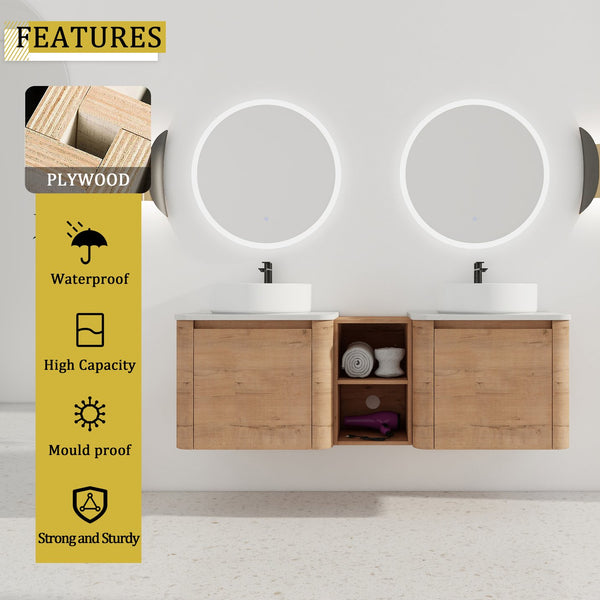 English Elm 60'' Wall-Mounted Bathroom Vanity With Ceramic Art Sink, Soft-Close Door & Stylish Storage Solutions W999S00410