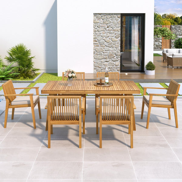 English Elm Christopher Knight Home® - Durable 7-Piece Patio Dining Set With Acacia Wood Table & 6 Heavy-Duty Cushioned Chairs, Natural Finish N779P234497N-3_N779P234500N