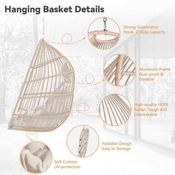 English Elm Outdoor Rattan Egg Swing Chair – Stylish Off-White Hanging Chair With Cushions & Durable Frame W2500P364236-GIGA