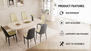 English Elm 63 Inch Modern Dining Set Six Pu Leather Chairs Mdf Table Matte Black Metal Legs Beige+Cream,Black W2189S00867