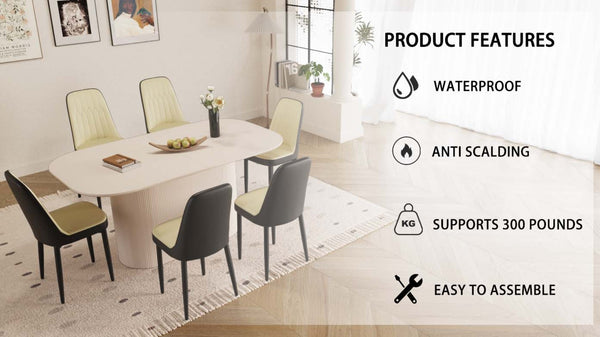 English Elm 63 Inch Modern Dining Set Six Pu Leather Chairs Mdf Table Matte Black Metal Legs Beige+Cream,Black W2189S00867